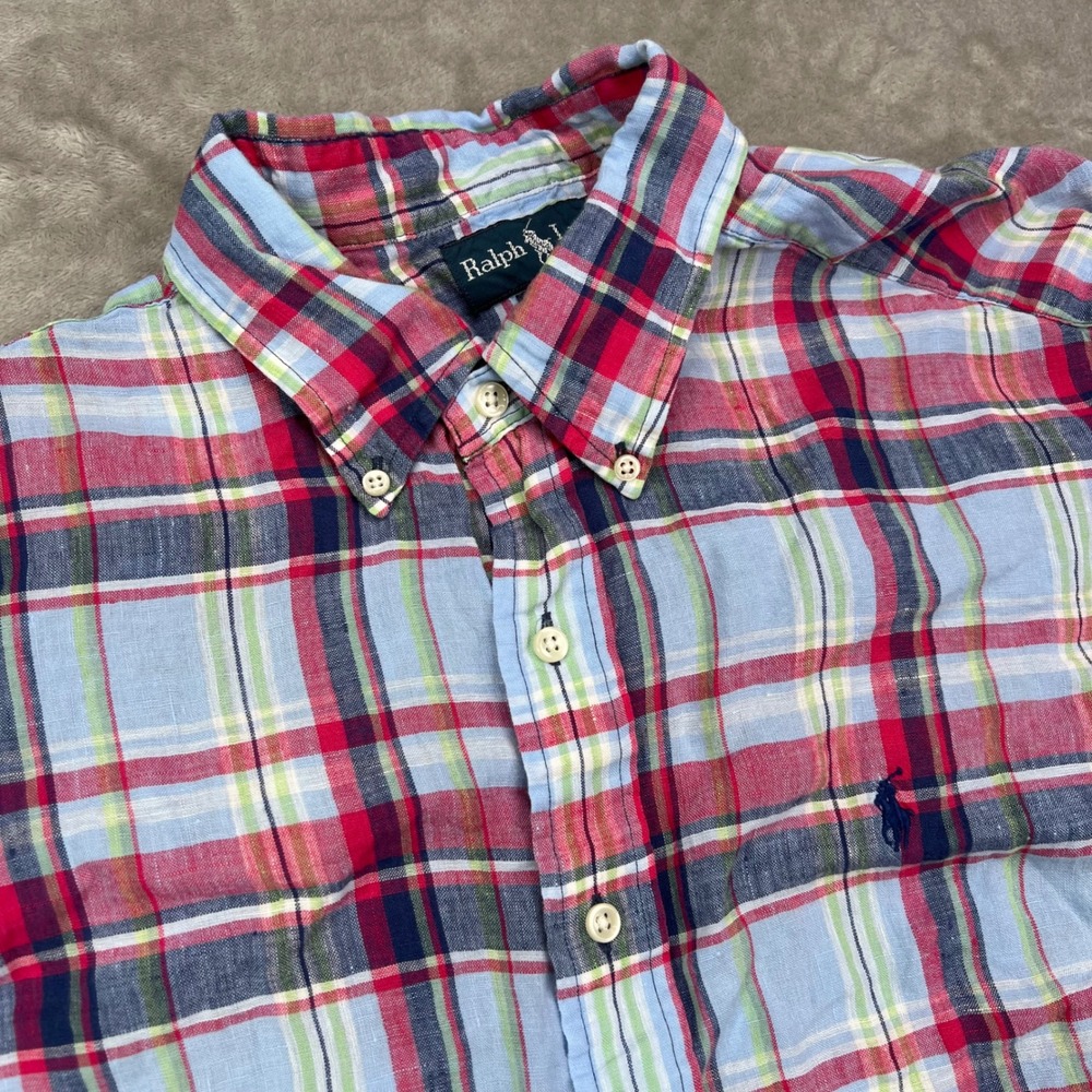 Ralph Lauren Classic Fit Shirt Mens XL‎ Blue Red Plaid Linen Short Sleeve Button